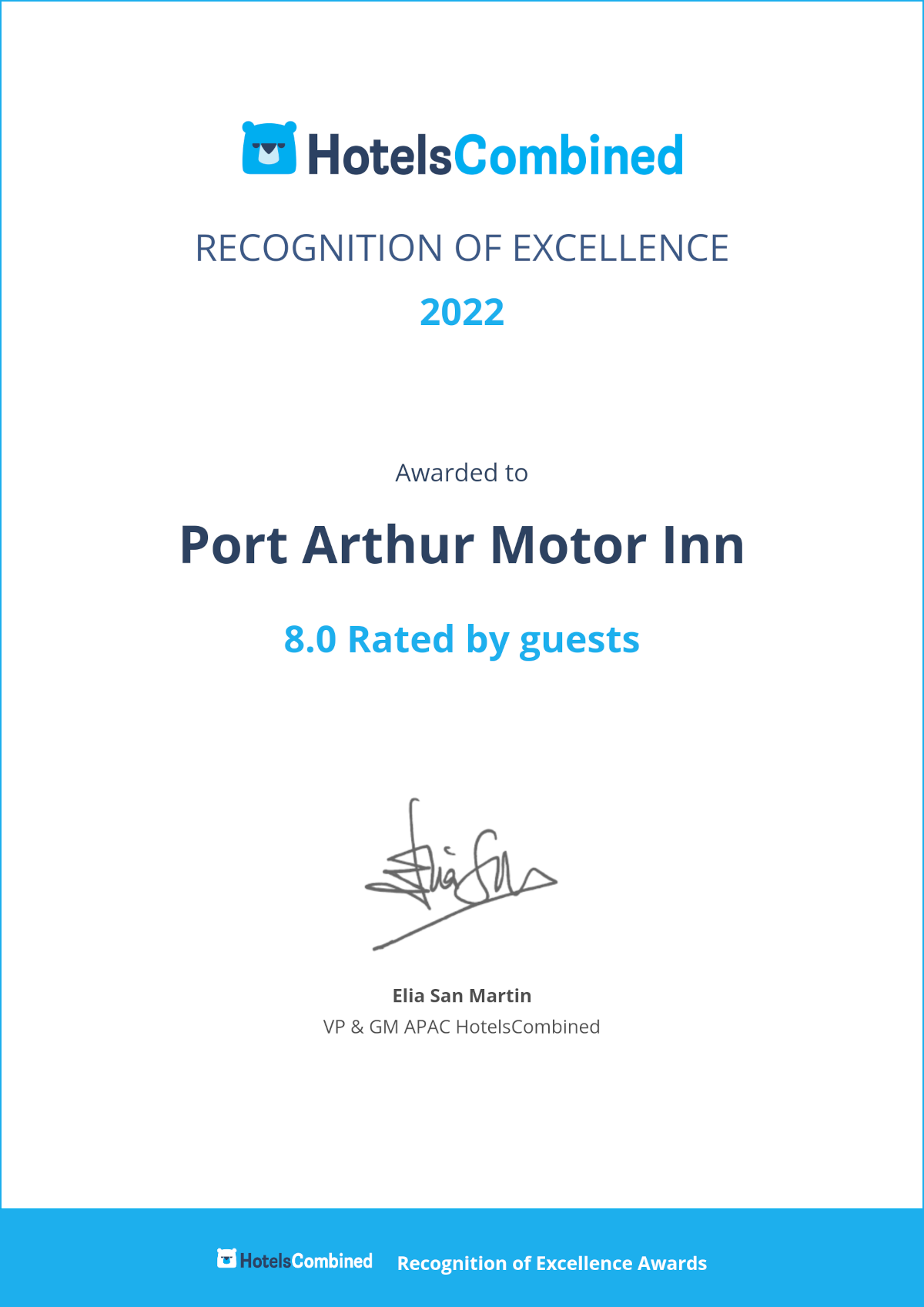2022 Port Arthur Motor Inn Recognition of Excellence